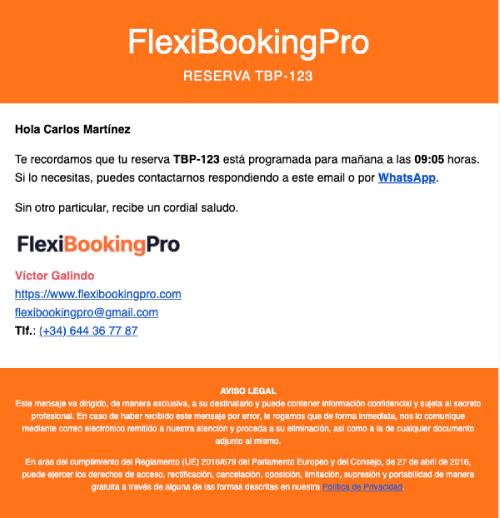 Recordatorio 24 horas antes del servicio
